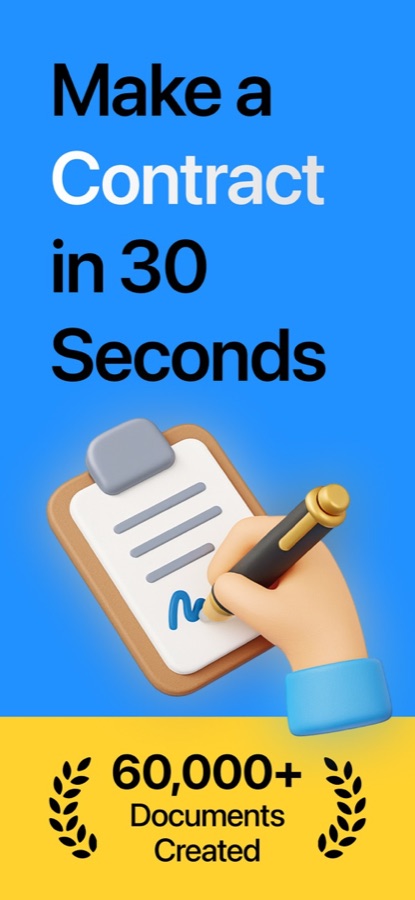 Contract Maker App Store screenshot: Make a Contract in 30 Seconds, with a badge for 60,000 documents created.