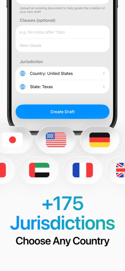 Contract Maker App Store screenshot: the draft form set to the United States and Texas, with flags for over 175 jurisdictions.