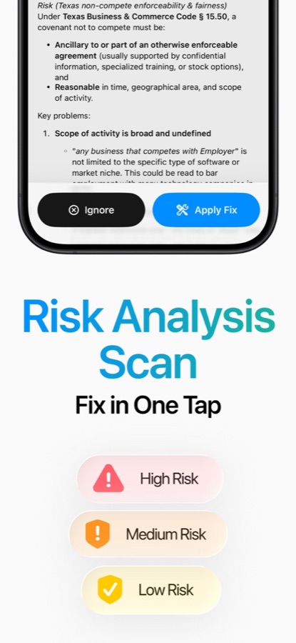 Contract Maker App Store screenshot: Risk Analysis Scan with high, medium and low risk labels and a one tap fix.